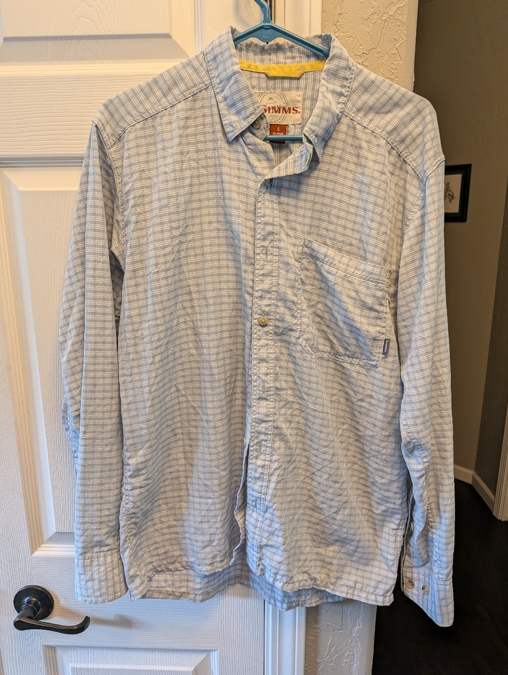Simms Button Down Fishing Seabreeze and White Checked Outdoor Shirt Sz Sm